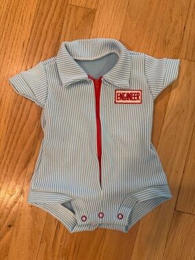 Vintage handmade Blue Striped Baby One-Piece. With Engineer patch